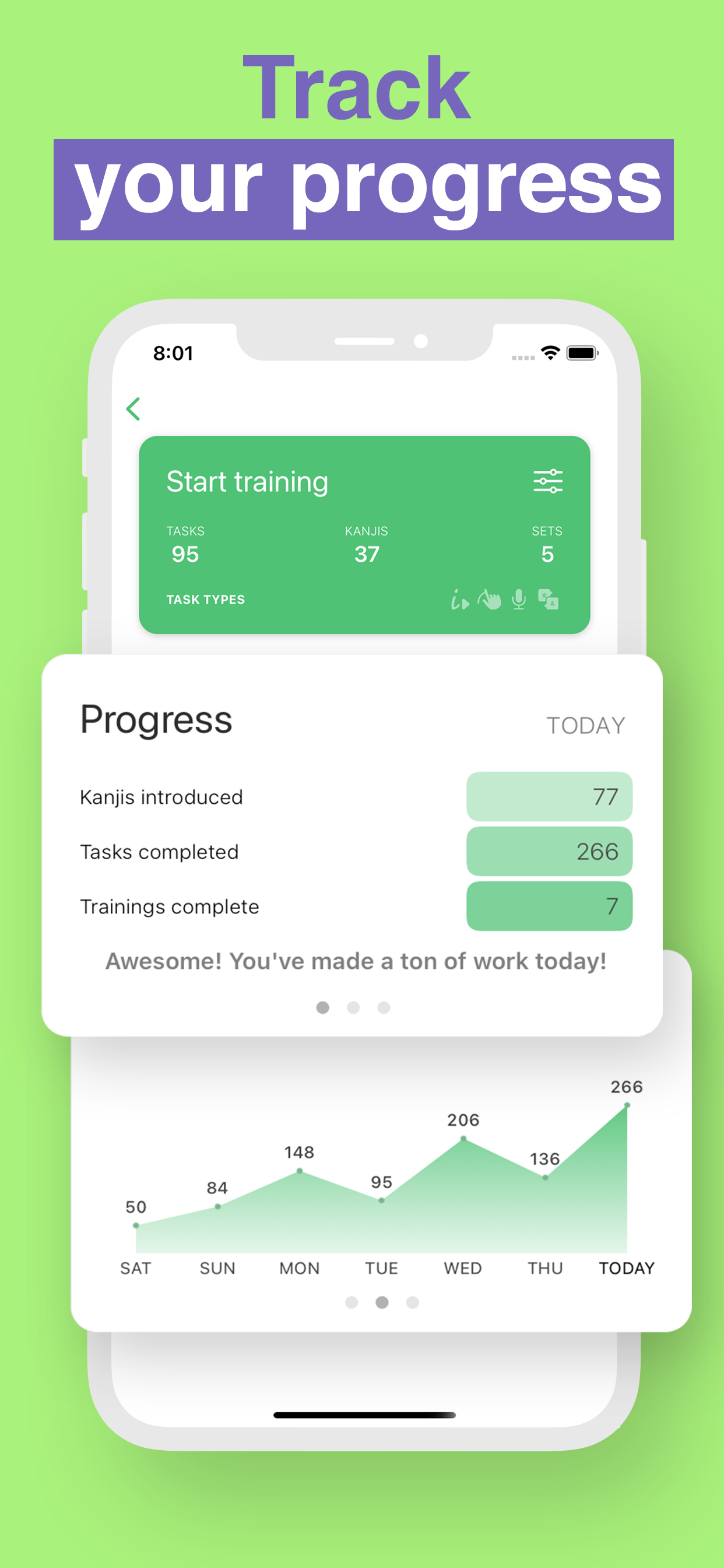 Progress tracking with daily stats and a weekly chart