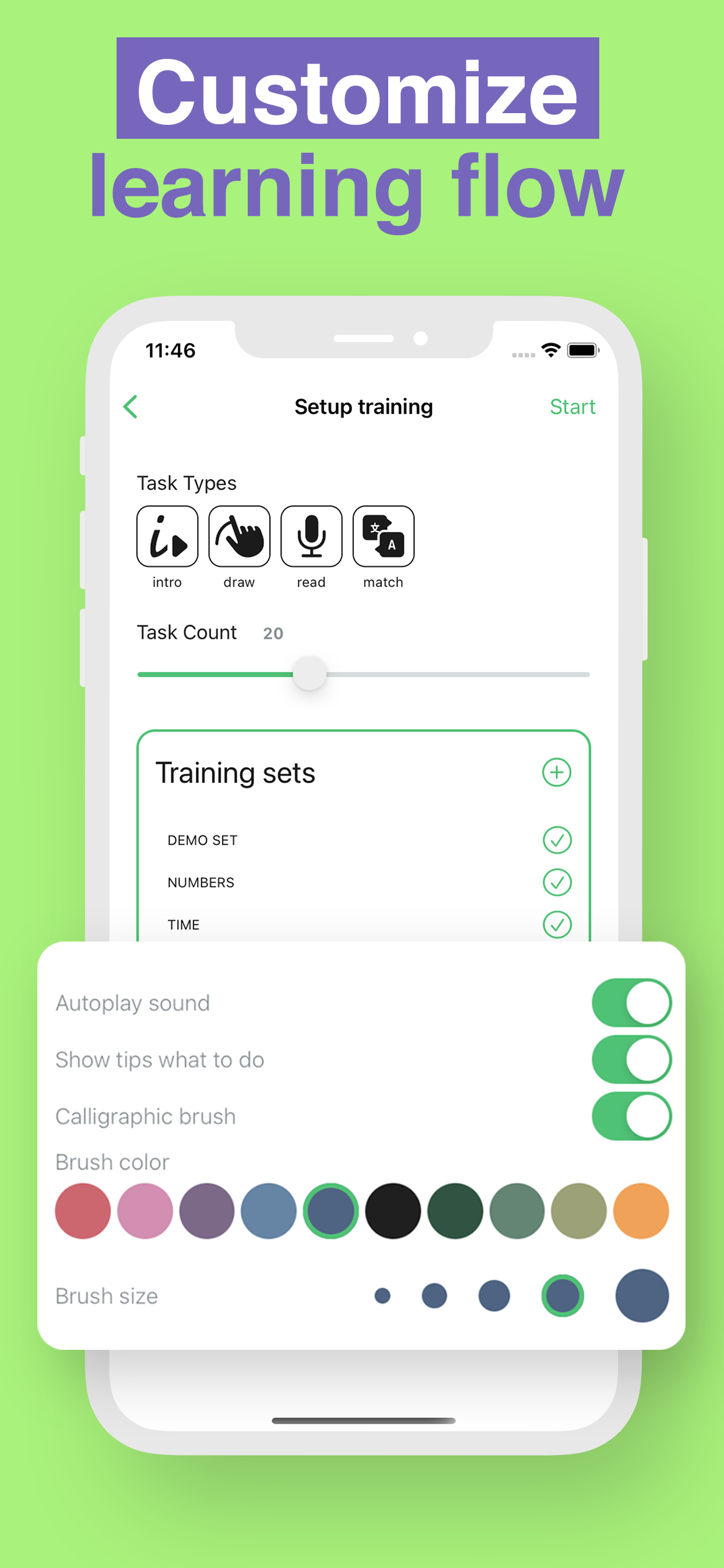 Setting up a training: task types, task count, and brush options